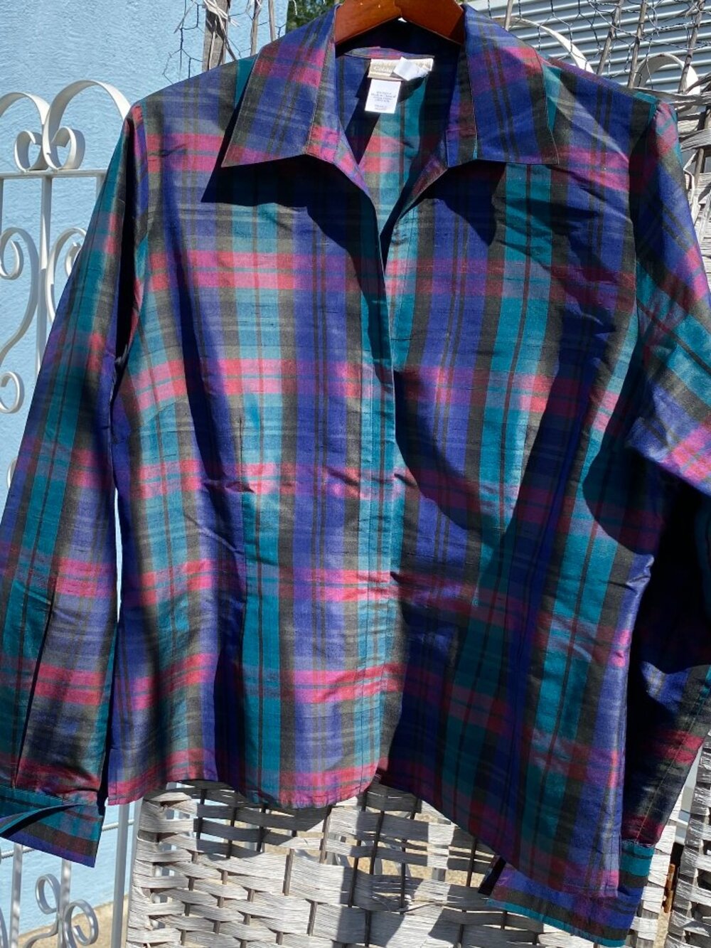 Coldwater Creek Plaid Tartan Purple Pink Blue 100% Silk Taffeta Shirt Jacket